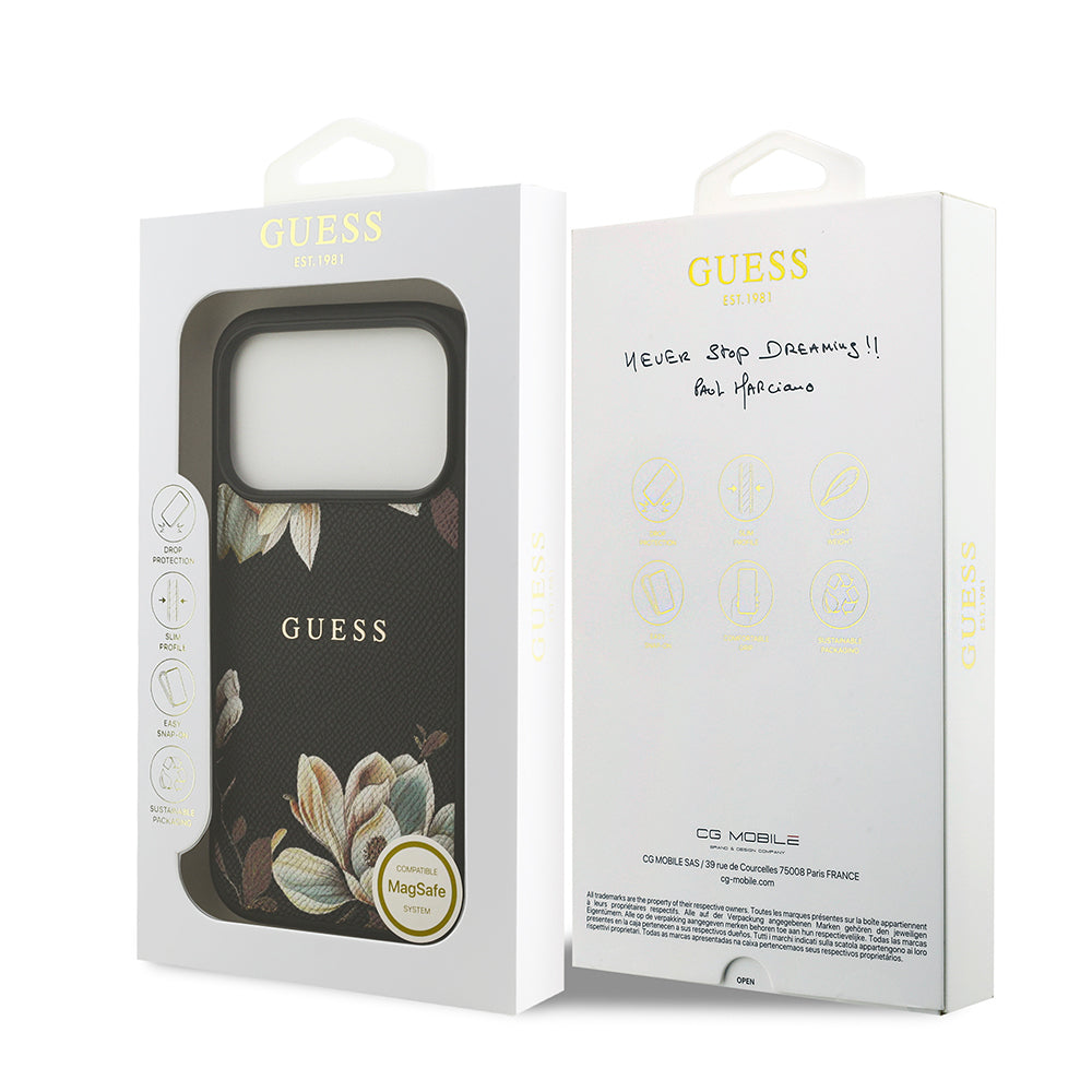 iPhone 17 Pro Kılıf Guess Orijinal Lisanslı M-safe Şarj Özellikli Taneli Çiçek Tasarımlı Metal Yazı Logolu Kılıf