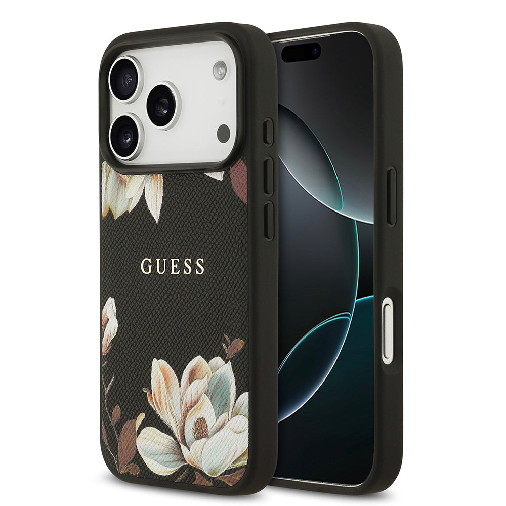 iPhone 17 Pro Kılıf Guess Orijinal Lisanslı M-safe Şarj Özellikli Taneli Çiçek Tasarımlı Metal Yazı Logolu Kılıf