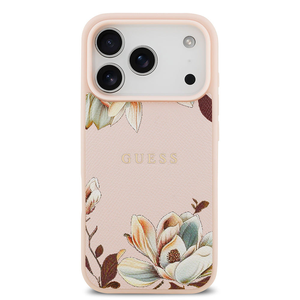 iPhone 17 Pro Kılıf Guess Orijinal Lisanslı M-safe Şarj Özellikli Taneli Çiçek Tasarımlı Metal Yazı Logolu Kılıf