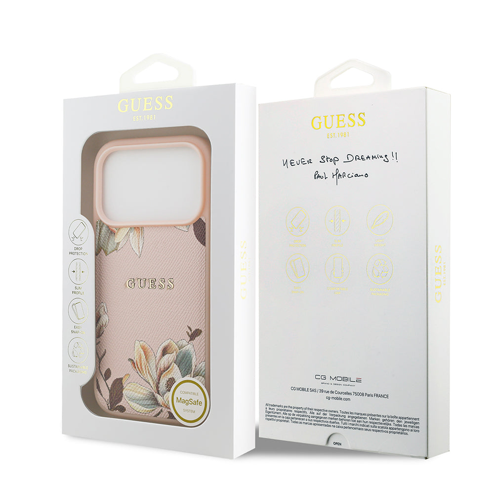 iPhone 17 Pro Kılıf Guess Orijinal Lisanslı M-safe Şarj Özellikli Taneli Çiçek Tasarımlı Metal Yazı Logolu Kılıf