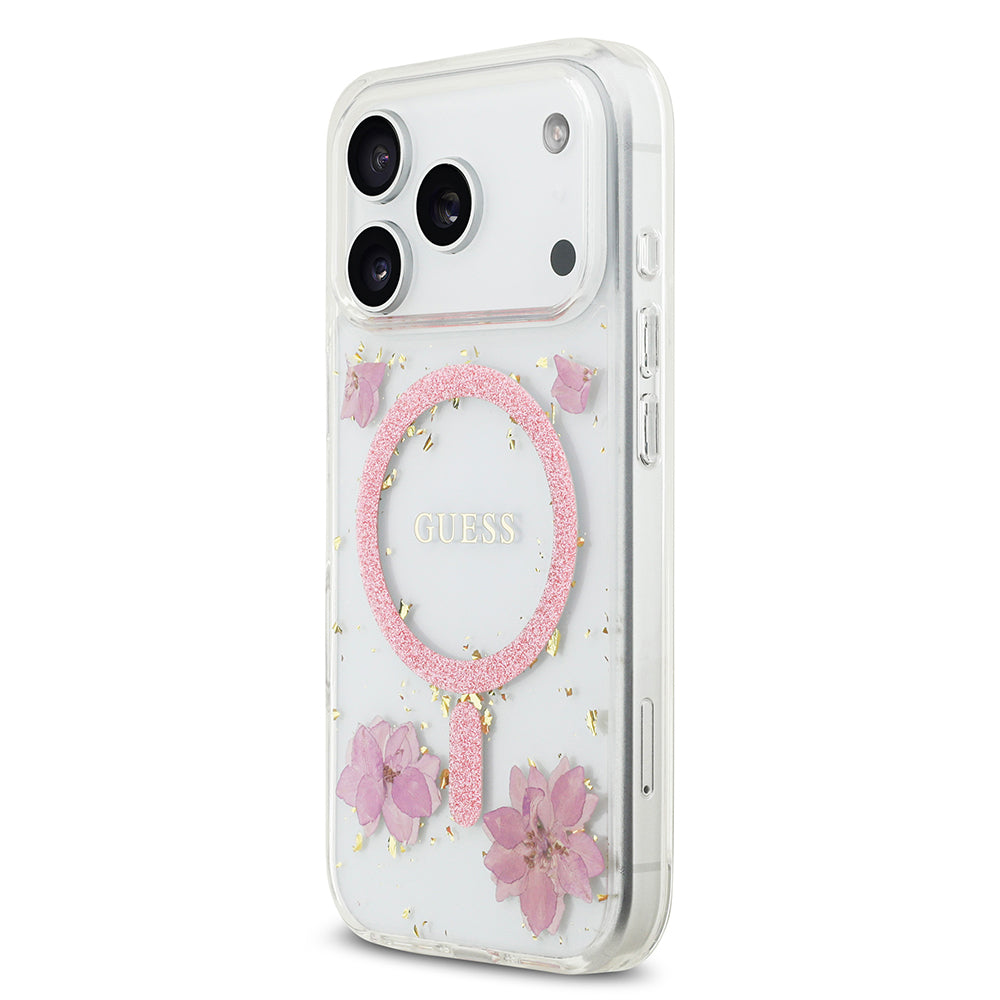 iPhone 17 Pro Kılıf Guess Orijinal Lisanslı M-safe Şarj Özellikli Transparan Resin Flowers Kılıf