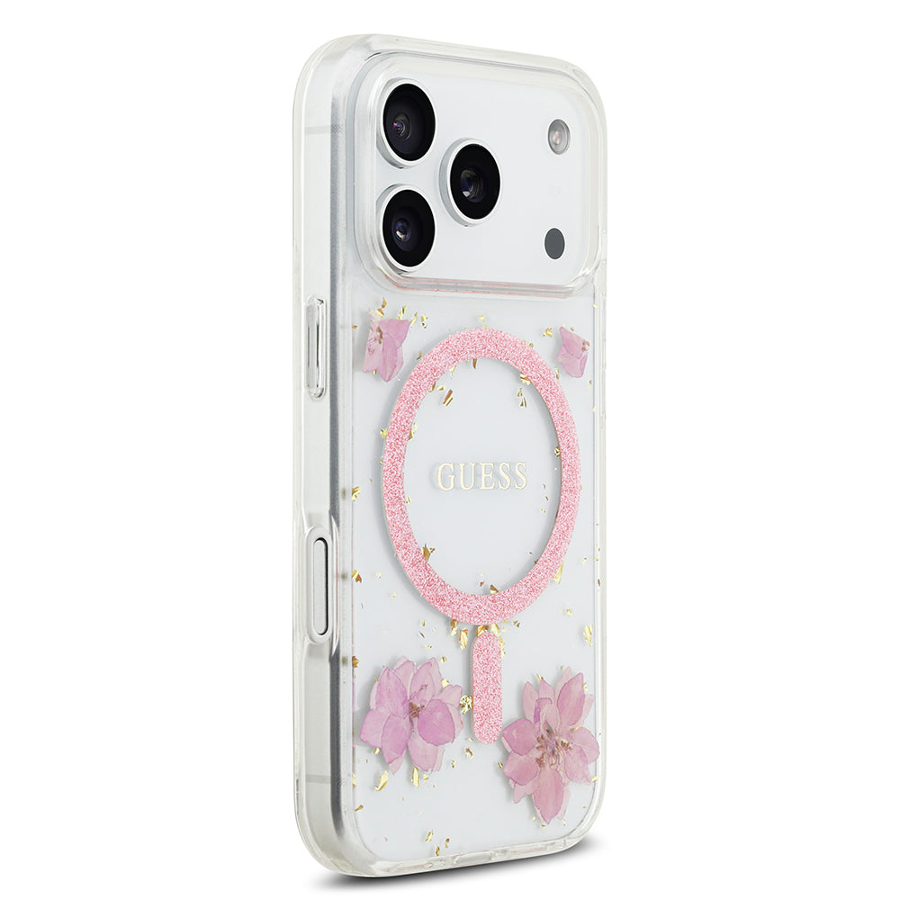 iPhone 17 Pro Kılıf Guess Orijinal Lisanslı M-safe Şarj Özellikli Transparan Resin Flowers Kılıf