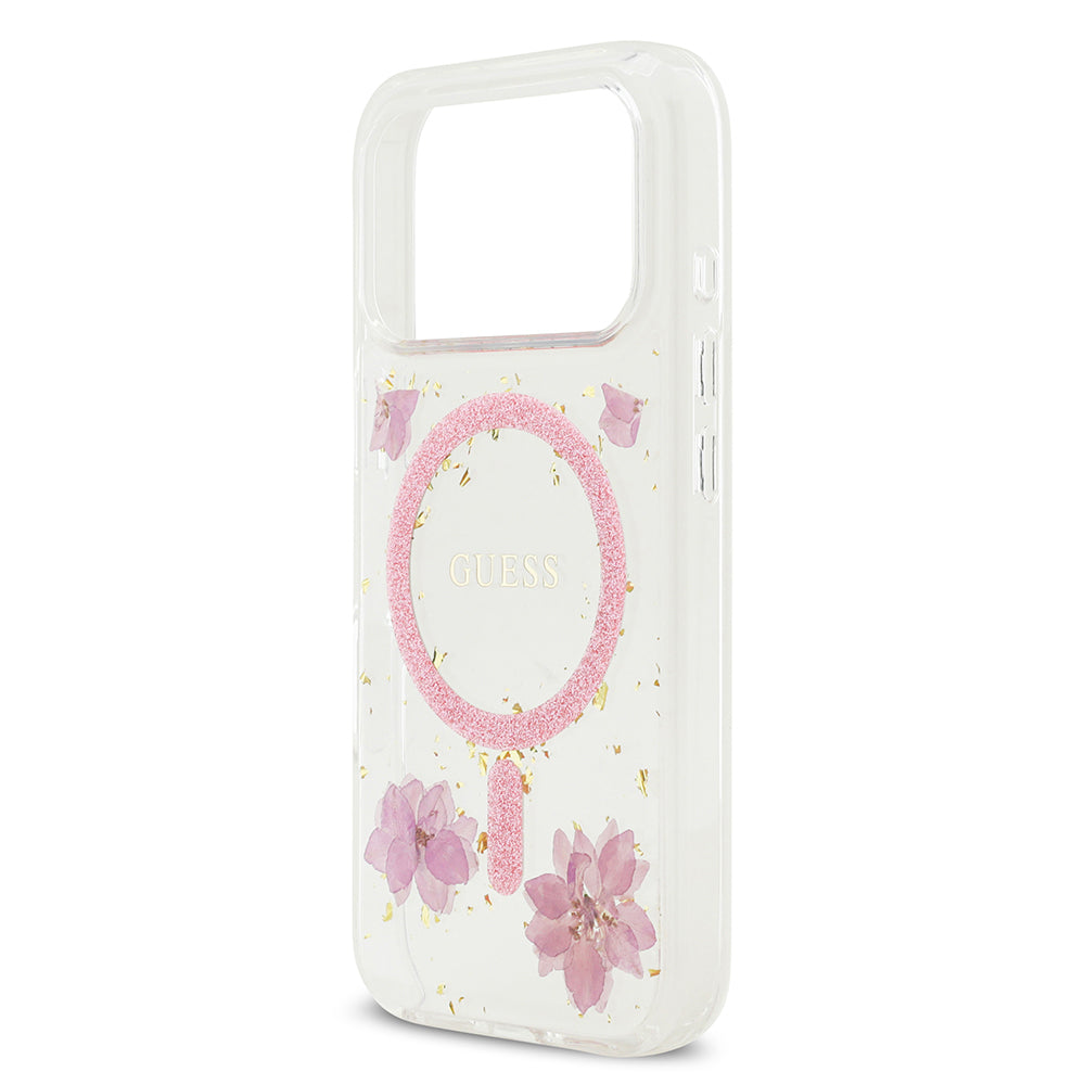 iPhone 17 Pro Kılıf Guess Orijinal Lisanslı M-safe Şarj Özellikli Transparan Resin Flowers Kılıf