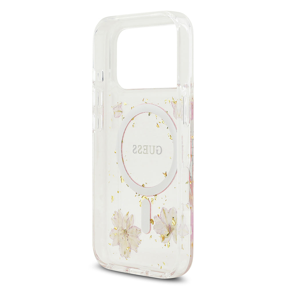 iPhone 17 Pro Kılıf Guess Orijinal Lisanslı M-safe Şarj Özellikli Transparan Resin Flowers Kılıf