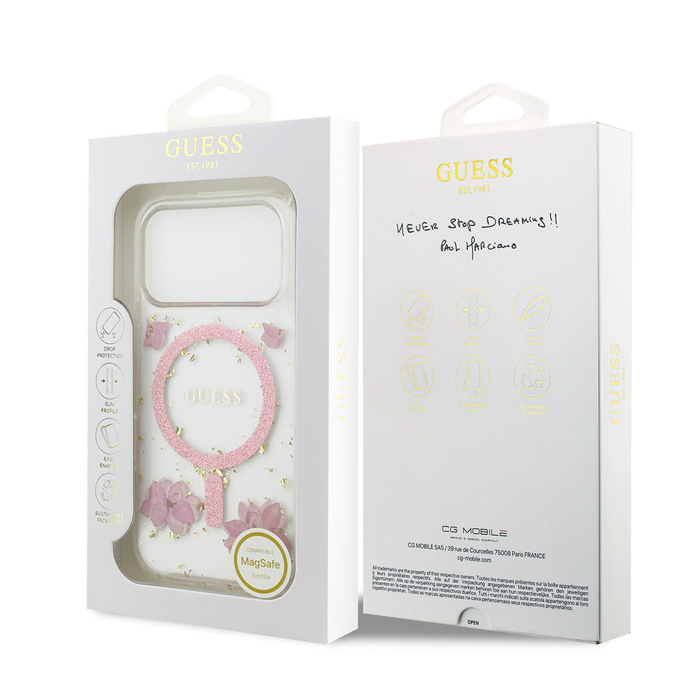 iPhone 17 Pro Kılıf Guess Orijinal Lisanslı M-safe Şarj Özellikli Transparan Resin Flowers Kılıf