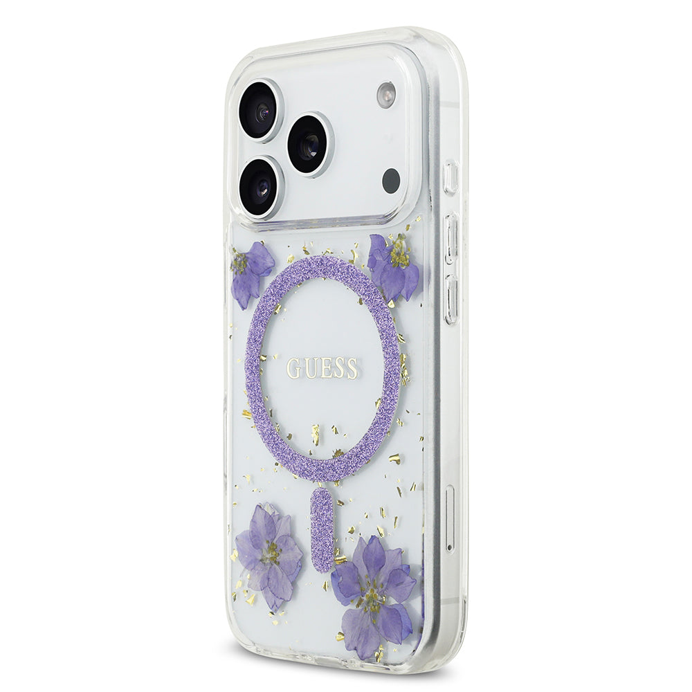 iPhone 17 Pro Kılıf Guess Orijinal Lisanslı M-safe Şarj Özellikli Transparan Resin Flowers Kılıf
