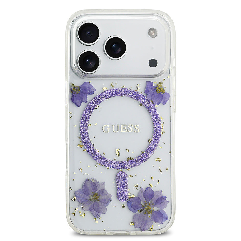 iPhone 17 Pro Kılıf Guess Orijinal Lisanslı M-safe Şarj Özellikli Transparan Resin Flowers Kılıf