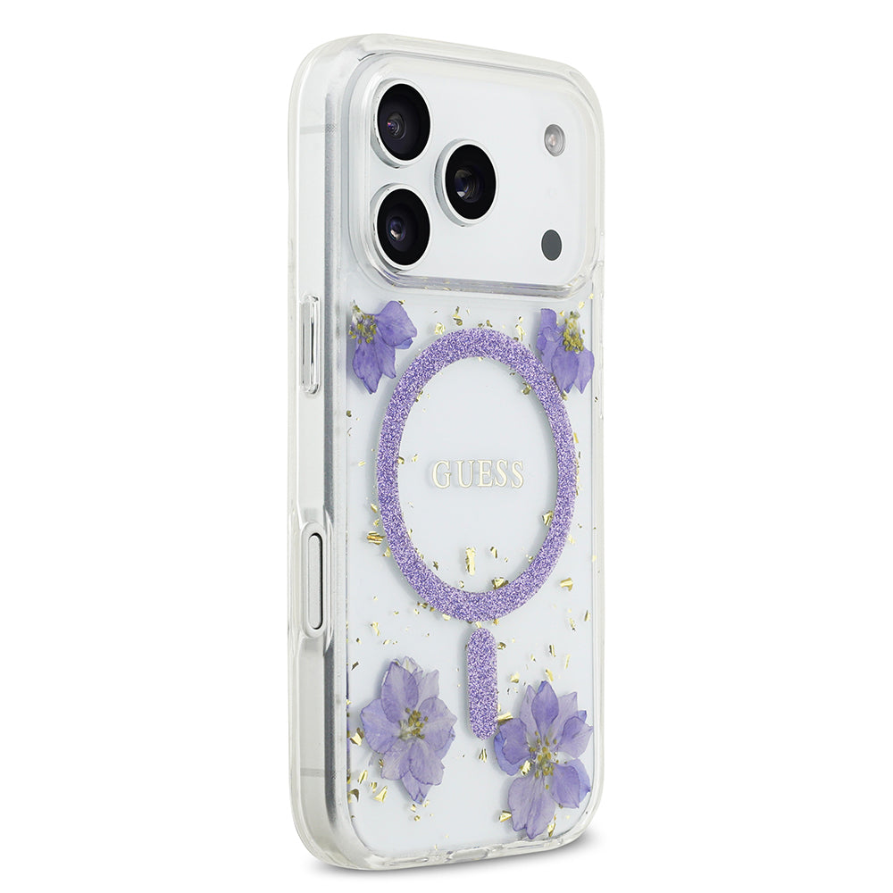 iPhone 17 Pro Kılıf Guess Orijinal Lisanslı M-safe Şarj Özellikli Transparan Resin Flowers Kılıf
