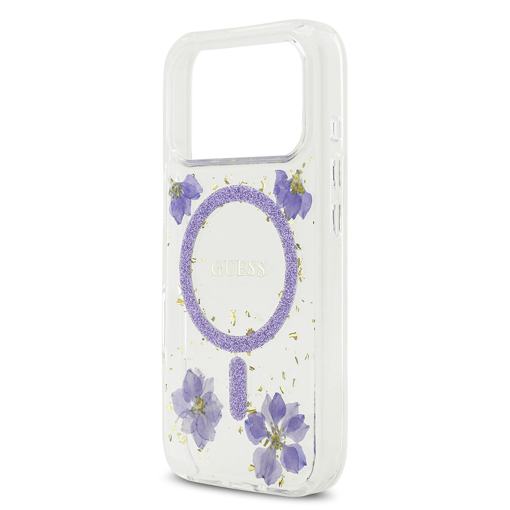 iPhone 17 Pro Kılıf Guess Orijinal Lisanslı M-safe Şarj Özellikli Transparan Resin Flowers Kılıf