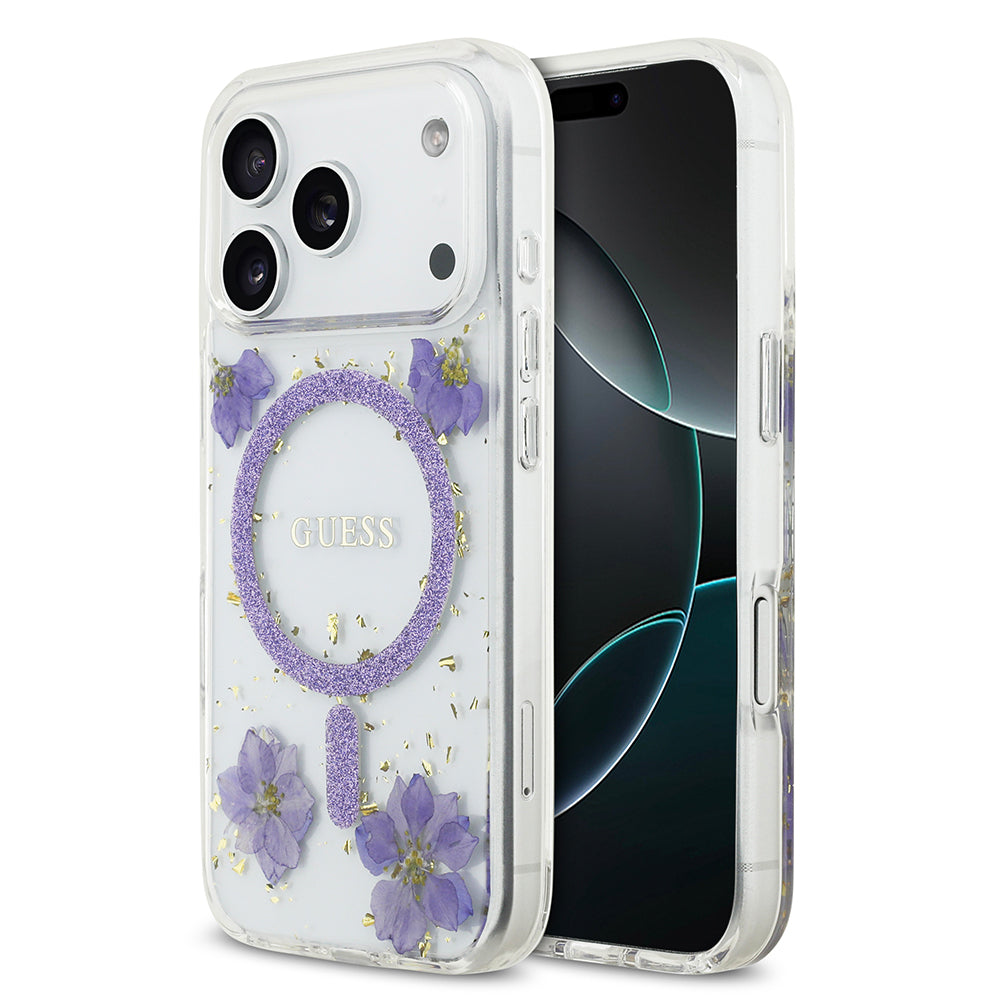 iPhone 17 Pro Kılıf Guess Orijinal Lisanslı M-safe Şarj Özellikli Transparan Resin Flowers Kılıf