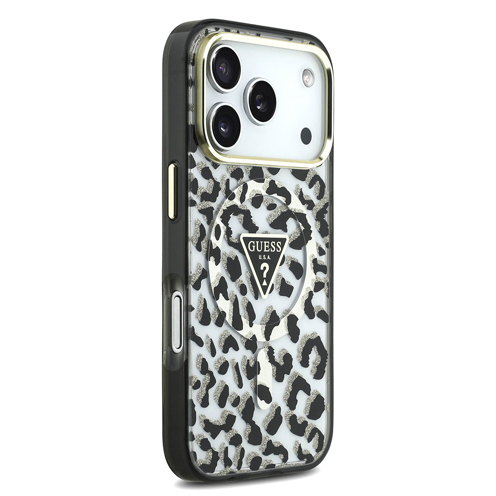 iPhone 17 Pro Kılıf Guess Orijinal Lisanslı M-safe Şarj Özellikli Üçgen Logolu Simli Leopar Desenli Kılıf