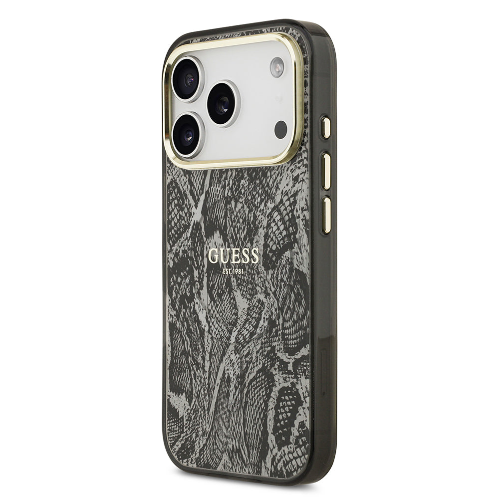 iPhone 17 Pro Kılıf Guess Orijinal Lisanslı M-safe Şarj Özellikli Yazı Logolu Python Desenli Kılıf