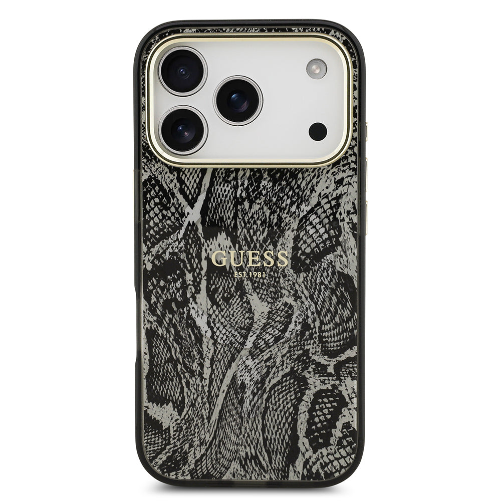 iPhone 17 Pro Kılıf Guess Orijinal Lisanslı M-safe Şarj Özellikli Yazı Logolu Python Desenli Kılıf