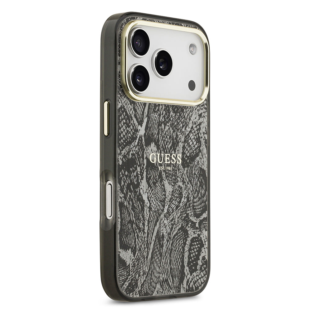 iPhone 17 Pro Kılıf Guess Orijinal Lisanslı M-safe Şarj Özellikli Yazı Logolu Python Desenli Kılıf