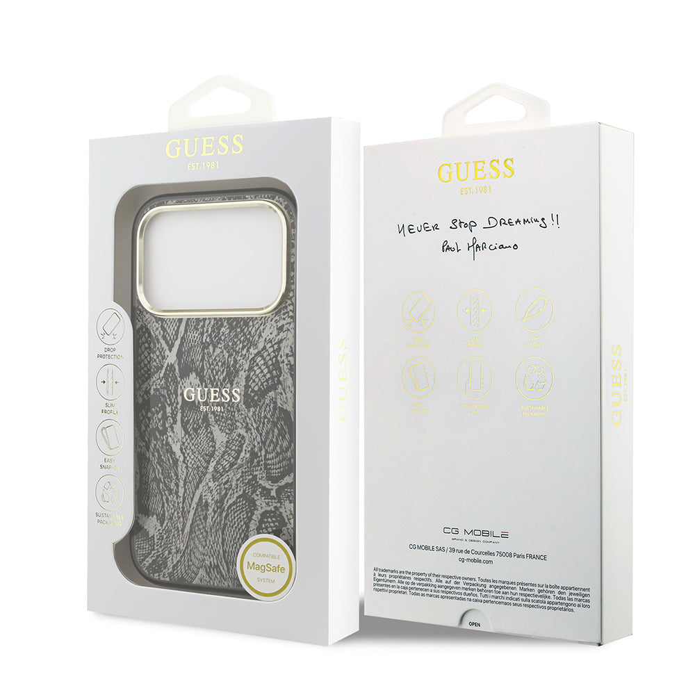 iPhone 17 Pro Kılıf Guess Orijinal Lisanslı M-safe Şarj Özellikli Yazı Logolu Python Desenli Kılıf
