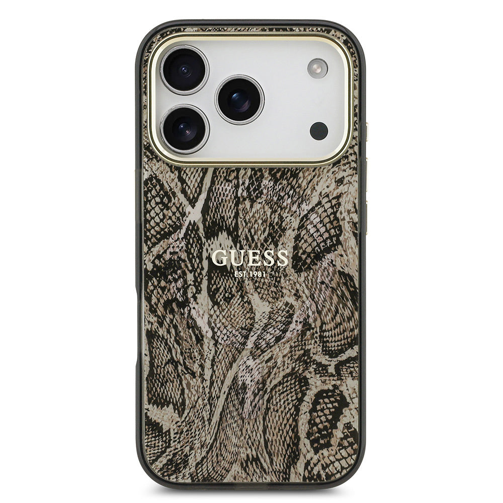iPhone 17 Pro Kılıf Guess Orijinal Lisanslı M-safe Şarj Özellikli Yazı Logolu Python Desenli Kılıf