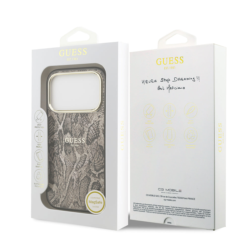 iPhone 17 Pro Kılıf Guess Orijinal Lisanslı M-safe Şarj Özellikli Yazı Logolu Python Desenli Kılıf