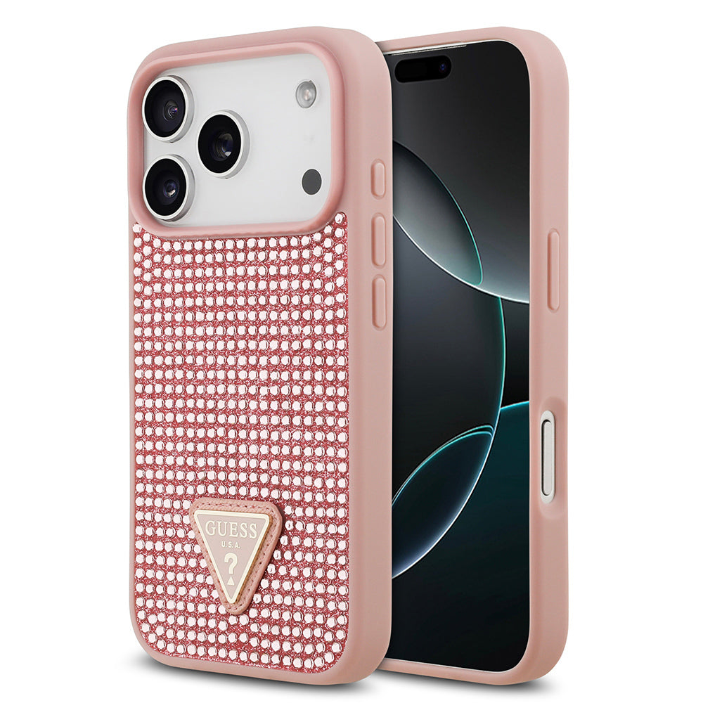 iPhone 17 Pro Kılıf Guess Orijinal Lisanslı Taşlı Arka Yüzey Üçgen Logolu Kılıf