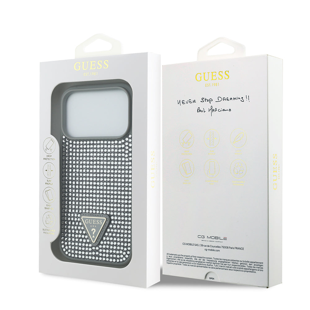 iPhone 17 Pro Kılıf Guess Orijinal Lisanslı Taşlı Arka Yüzey Üçgen Logolu Kılıf