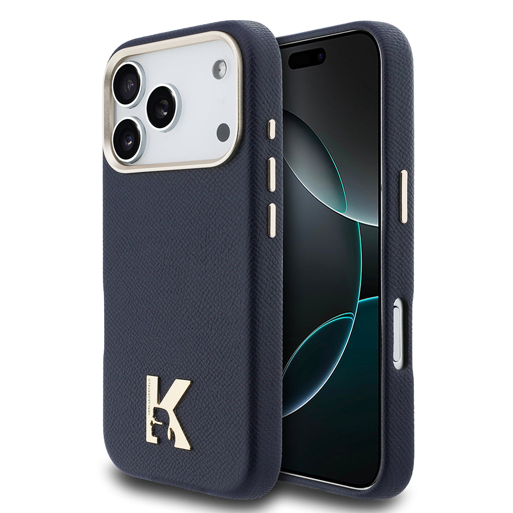 iPhone 17 Pro Kılıf Karl Lagerfeld Orijinal Lisanslı M-safe Şarj Özellikli Gold Kamera Çerçeveli KHEAD Metal Logolu PU Deri Kılıf