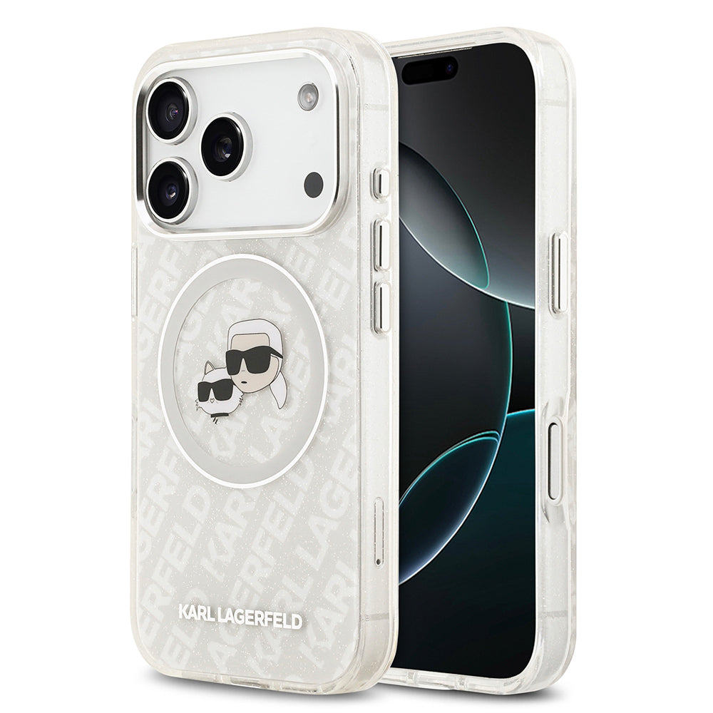 iPhone 17 Pro Kılıf Karl Lagerfeld Orijinal Lisanslı Parlayan Simli Karl & Choupette Heads Kılıf