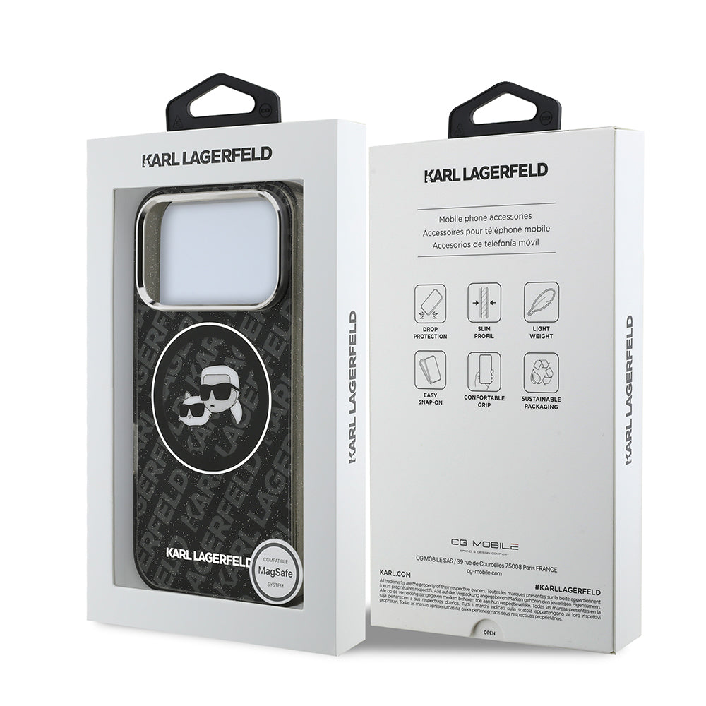 iPhone 17 Pro Kılıf Karl Lagerfeld Orijinal Lisanslı Parlayan Simli Karl & Choupette Heads Kılıf