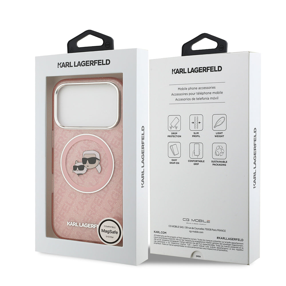iPhone 17 Pro Kılıf Karl Lagerfeld Orijinal Lisanslı Parlayan Simli Karl & Choupette Heads Kılıf