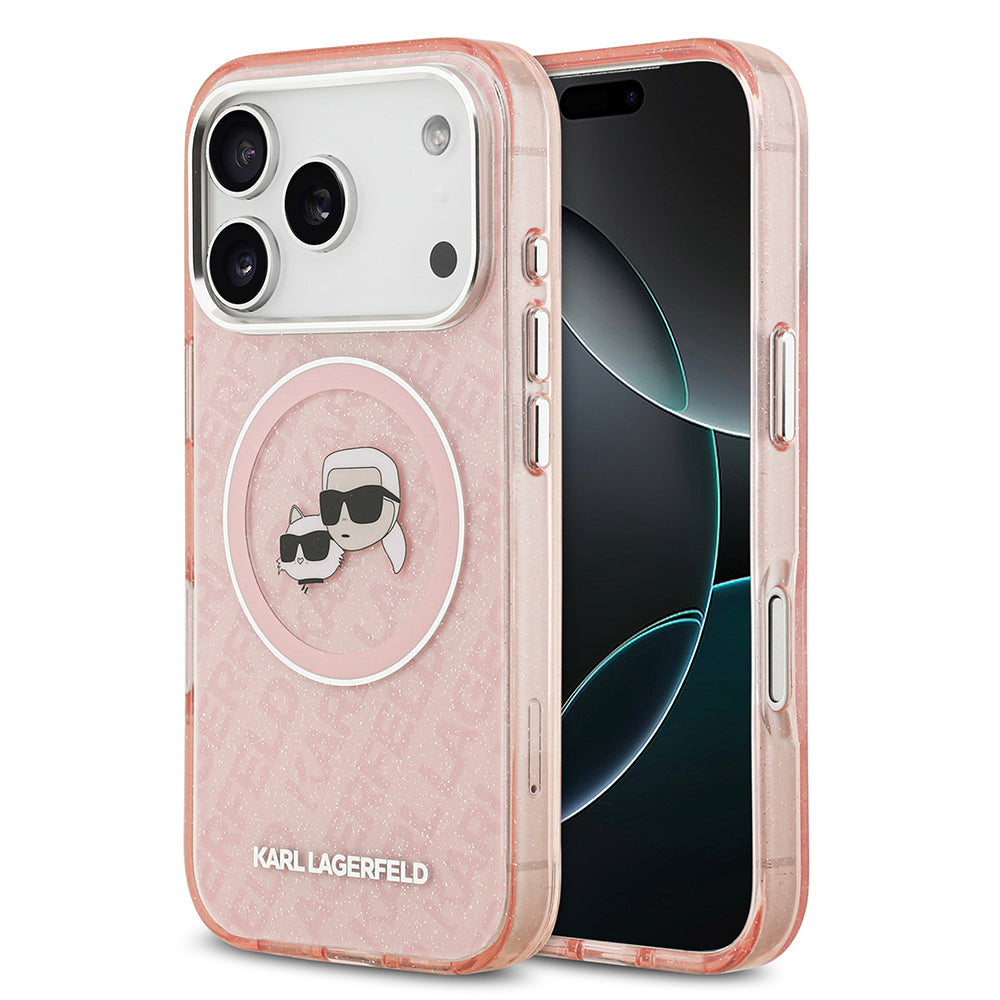 iPhone 17 Pro Kılıf Karl Lagerfeld Orijinal Lisanslı Parlayan Simli Karl & Choupette Heads Kılıf