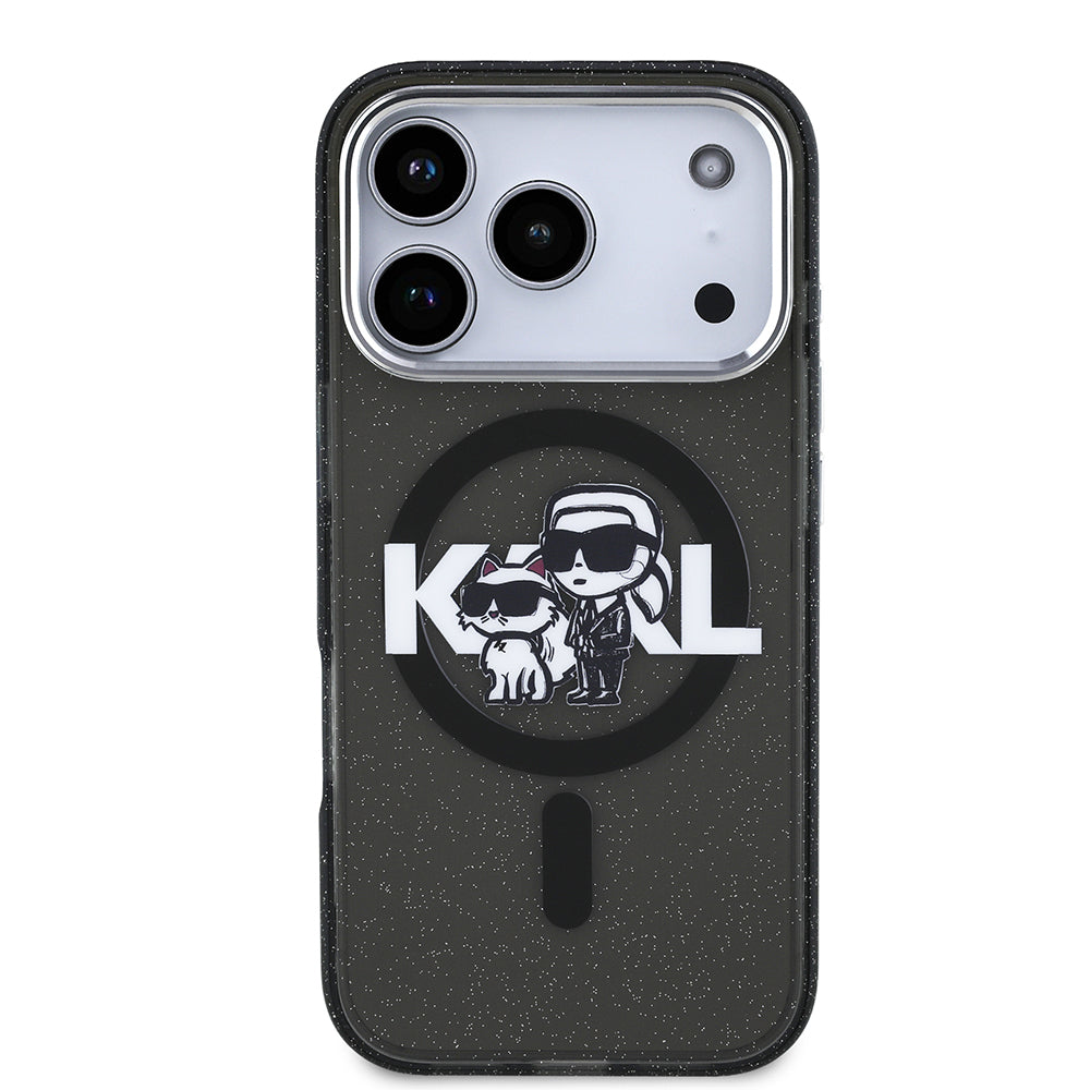 iPhone 17 Pro Kılıf Karl Lagerfeld Orijinal Lisanslı Parlayan Simli Karl & Choupette Sketch Logo Kılıf