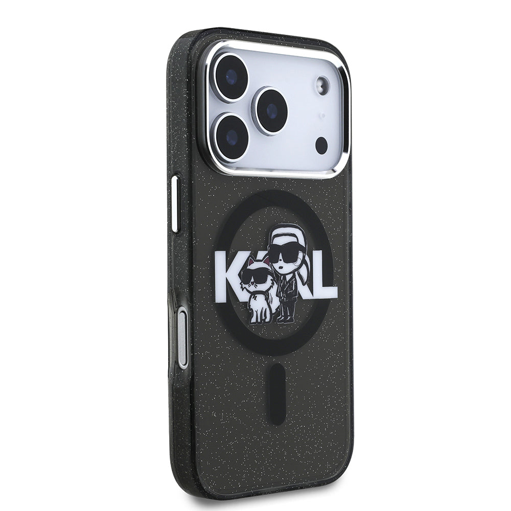 iPhone 17 Pro Kılıf Karl Lagerfeld Orijinal Lisanslı Parlayan Simli Karl & Choupette Sketch Logo Kılıf