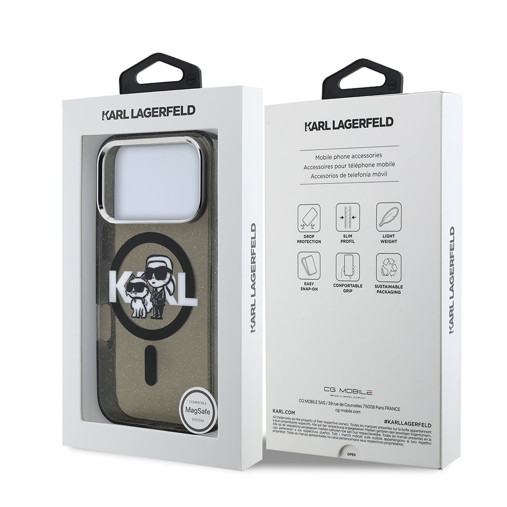 iPhone 17 Pro Kılıf Karl Lagerfeld Orijinal Lisanslı Parlayan Simli Karl & Choupette Sketch Logo Kılıf