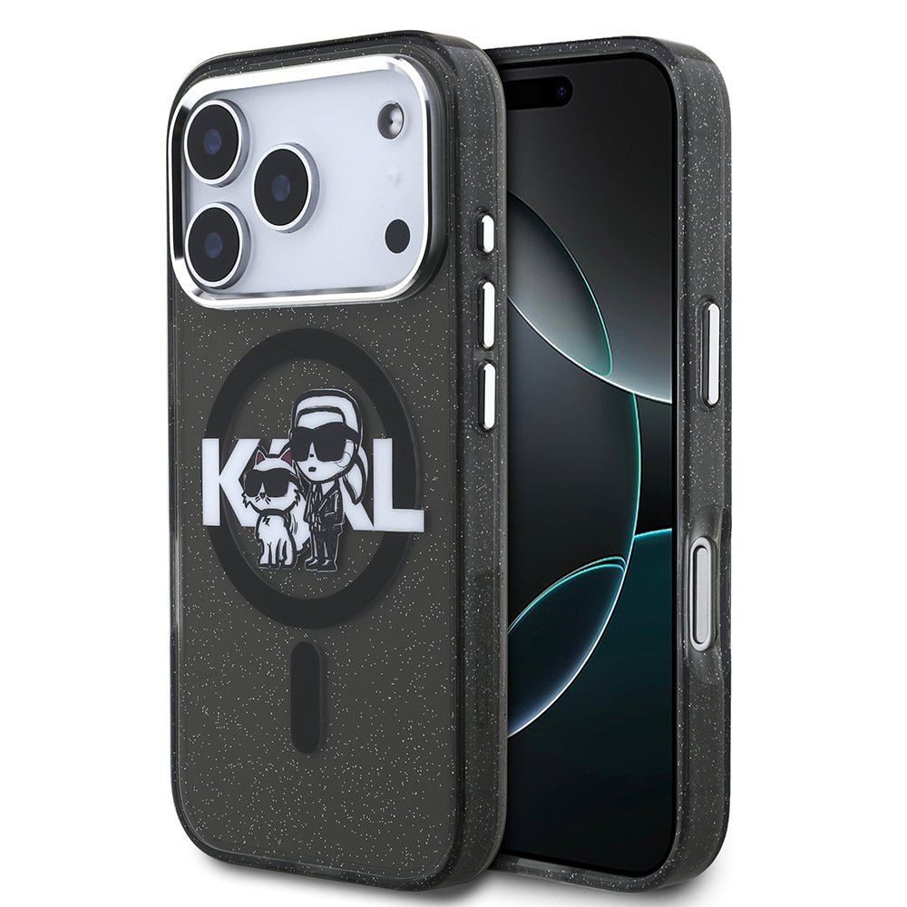 iPhone 17 Pro Kılıf Karl Lagerfeld Orijinal Lisanslı Parlayan Simli Karl & Choupette Sketch Logo Kılıf