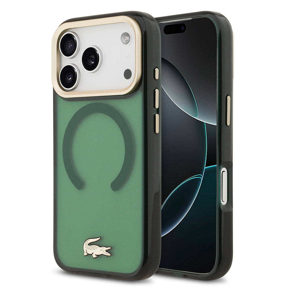 iPhone 17 Pro Kılıf Lacoste Orijinal Lisanslı M-safe Şarj Özellikli Gold Timsah Logolu Buzlu Kılıf