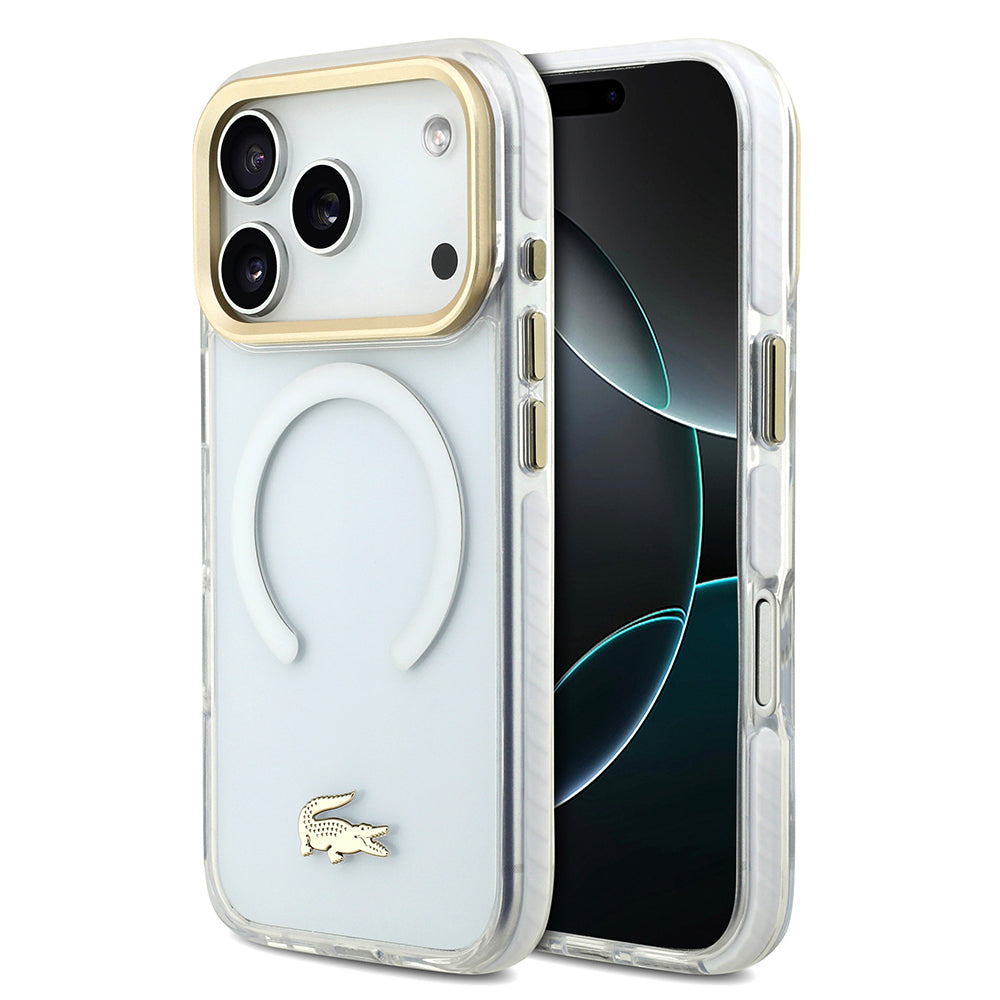 iPhone 17 Pro Kılıf Lacoste Orijinal Lisanslı M-safe Şarj Özellikli Gold Timsah Logolu Buzlu Kılıf