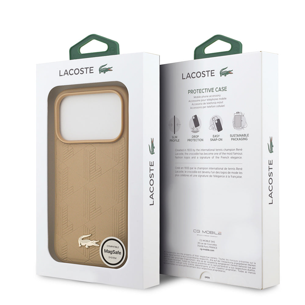 iPhone 17 Pro Kılıf Lacoste Orijinal Lisanslı M-safe Şarj Özellikli PU Deri Tasarımlı Karışık Monogram Desenli Kılıf