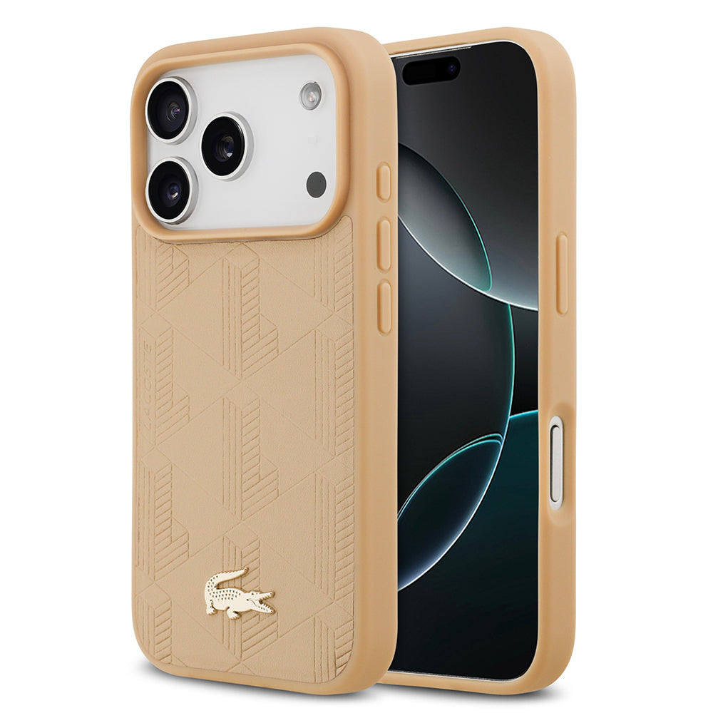 iPhone 17 Pro Kılıf Lacoste Orijinal Lisanslı M-safe Şarj Özellikli PU Deri Tasarımlı Karışık Monogram Desenli Kılıf