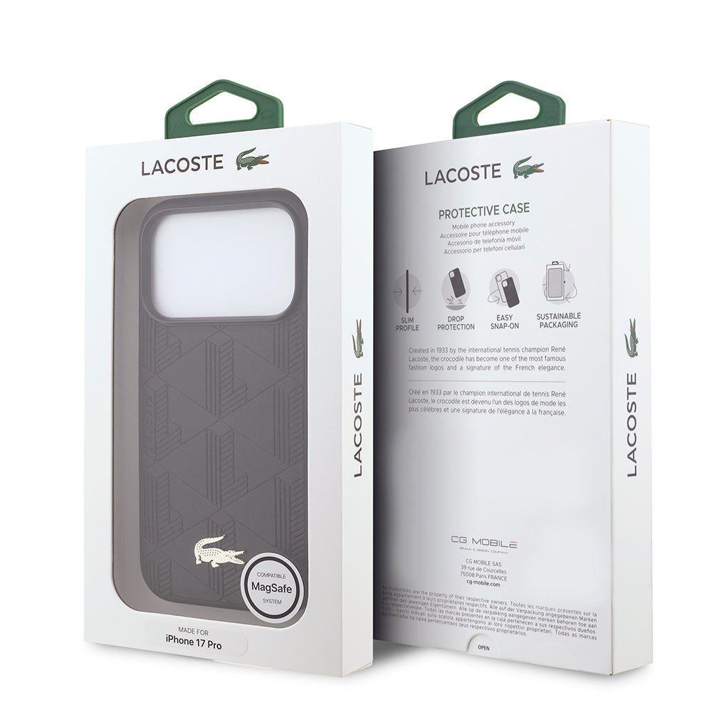 iPhone 17 Pro Kılıf Lacoste Orijinal Lisanslı M-safe Şarj Özellikli PU Deri Tasarımlı Karışık Monogram Desenli Kılıf
