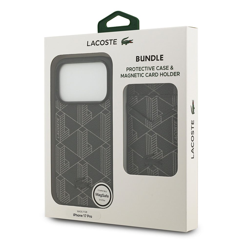iPhone 17 Pro Kılıf Lacoste Orijinal Lisanslı M-safe Şarj Özellikli PU Deri Tasarımlı Kartlıklı Karışık Monogram Desenli Kılıf
