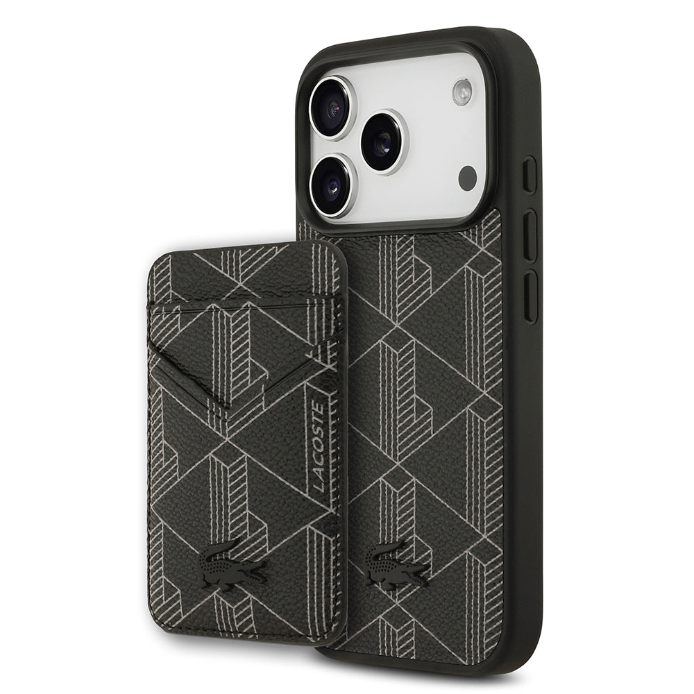 iPhone 17 Pro Kılıf Lacoste Orijinal Lisanslı M-safe Şarj Özellikli PU Deri Tasarımlı Kartlıklı Karışık Monogram Desenli Kılıf