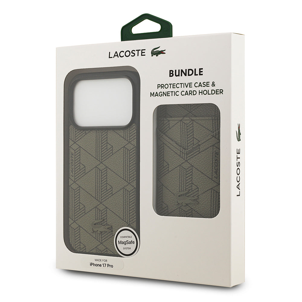iPhone 17 Pro Kılıf Lacoste Orijinal Lisanslı M-safe Şarj Özellikli PU Deri Tasarımlı Kartlıklı Karışık Monogram Desenli Kılıf