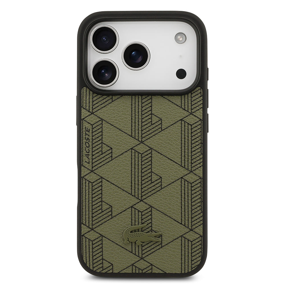 iPhone 17 Pro Kılıf Lacoste Orijinal Lisanslı M-safe Şarj Özellikli PU Deri Tasarımlı Kartlıklı Karışık Monogram Desenli Kılıf