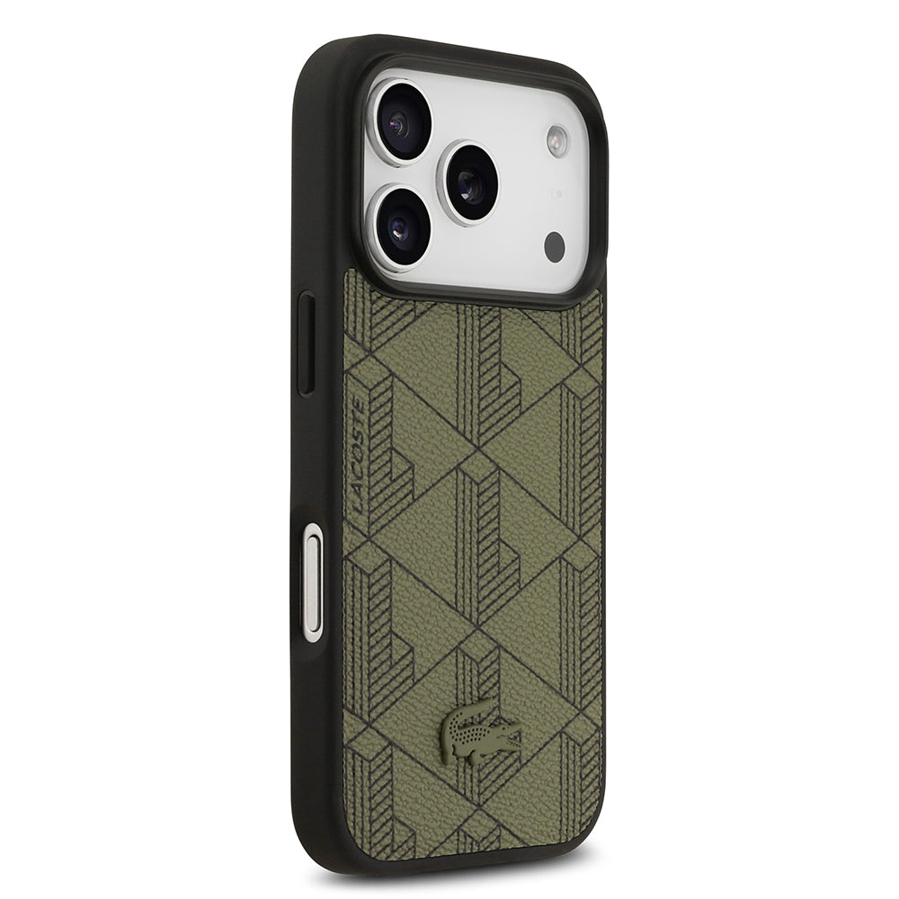 iPhone 17 Pro Kılıf Lacoste Orijinal Lisanslı M-safe Şarj Özellikli PU Deri Tasarımlı Kartlıklı Karışık Monogram Desenli Kılıf