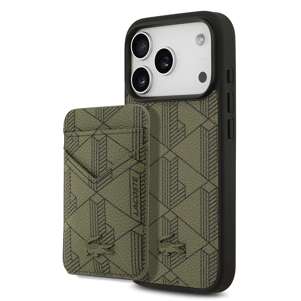 iPhone 17 Pro Kılıf Lacoste Orijinal Lisanslı M-safe Şarj Özellikli PU Deri Tasarımlı Kartlıklı Karışık Monogram Desenli Kılıf