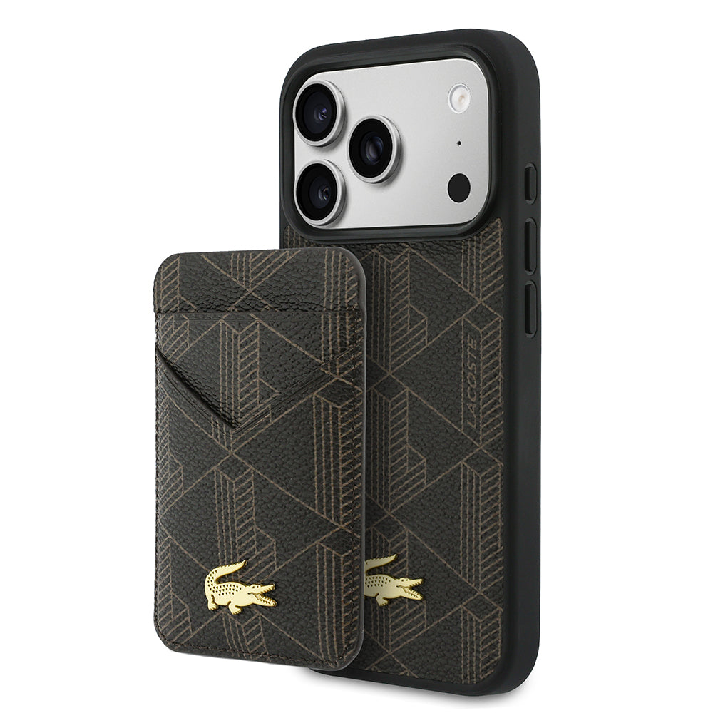 iPhone 17 Pro Kılıf Lacoste Orijinal Lisanslı M-safe Şarj Özellikli PU Deri Tasarımlı Kartlıklı Karışık Monogram Desenli Kılıf