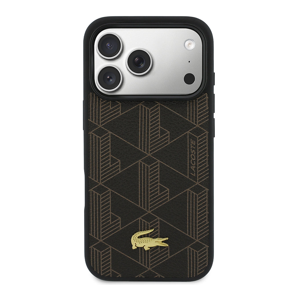 iPhone 17 Pro Kılıf Lacoste Orijinal Lisanslı M-safe Şarj Özellikli PU Deri Tasarımlı Kartlıklı Karışık Monogram Desenli Kılıf