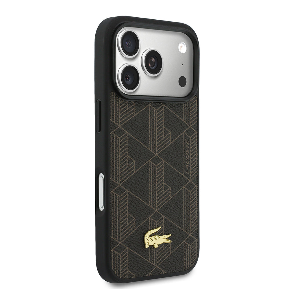 iPhone 17 Pro Kılıf Lacoste Orijinal Lisanslı M-safe Şarj Özellikli PU Deri Tasarımlı Kartlıklı Karışık Monogram Desenli Kılıf