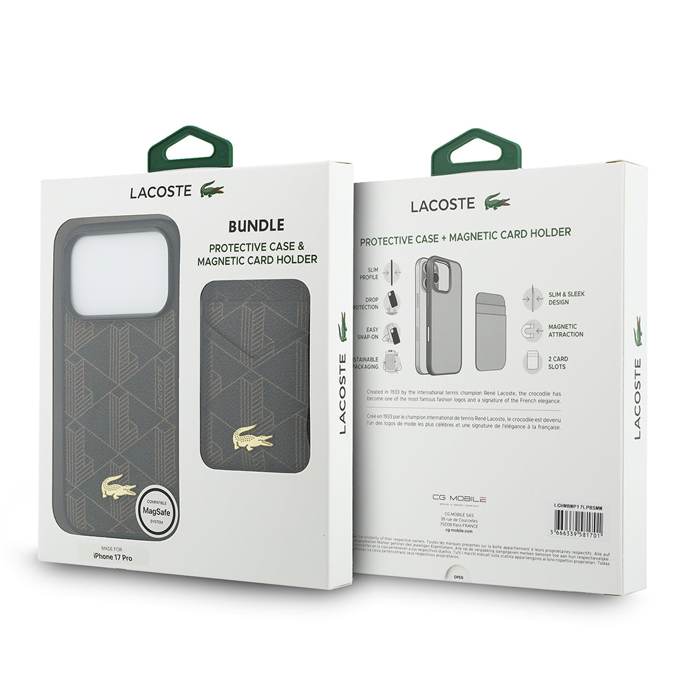 iPhone 17 Pro Kılıf Lacoste Orijinal Lisanslı M-safe Şarj Özellikli PU Deri Tasarımlı Kartlıklı Karışık Monogram Desenli Kılıf