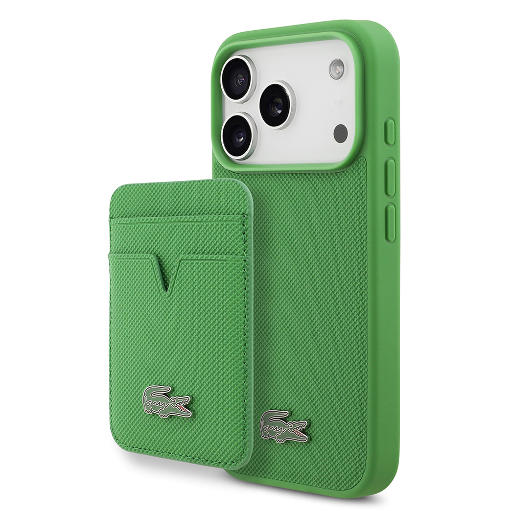 iPhone 17 Pro Kılıf Lacoste Orijinal Lisanslı M-safe Şarj Özellikli PU Pike Desenli Metal Logolu Kartlıklı Kılıf