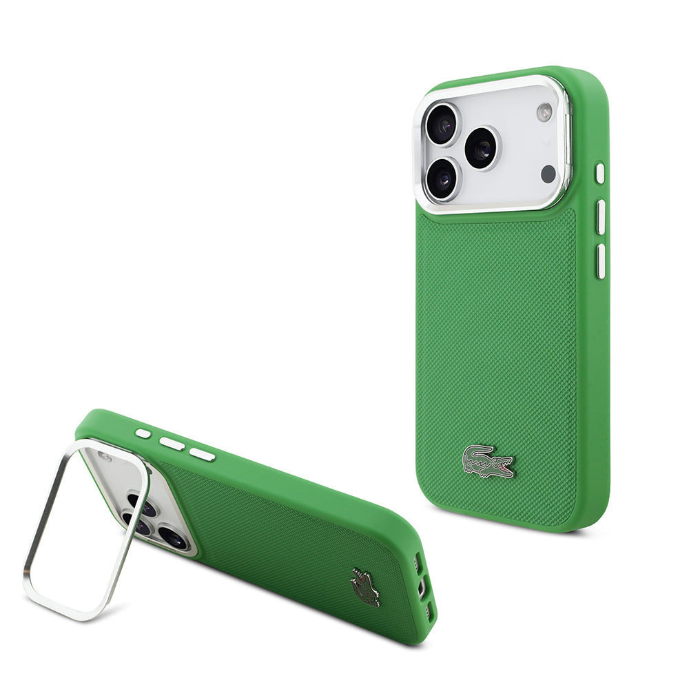 iPhone 17 Pro Kılıf Lacoste Orijinal Lisanslı M-safe Şarj Özellikli PU Pike Desenli Standlı Metal Logolu Kılıf