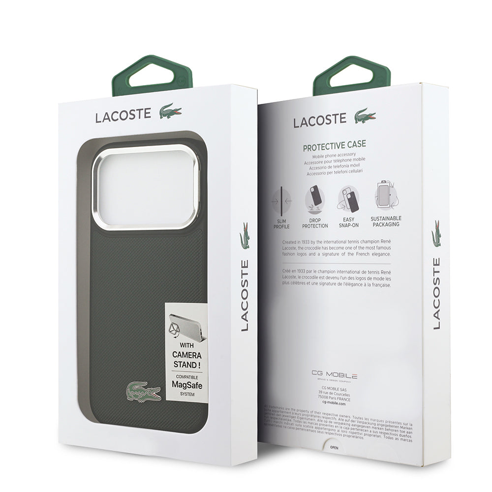 iPhone 17 Pro Kılıf Lacoste Orijinal Lisanslı M-safe Şarj Özellikli PU Pike Desenli Standlı Metal Logolu Kılıf